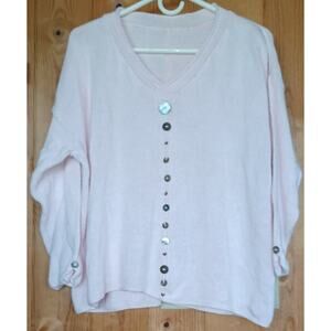 Petal Pink Hand Knit Sweater Women's XL Button Accents Exposed Seams Boxy Fit